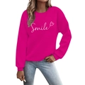 Rose red crewneck sweatshirt featuring white smile text and heart graphic print - S / Rose Red