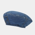 Detail van blauwe denim baret met gele contraststiksels en zakvormig decor - M(56-58cm) / Donkerblauw