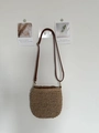 Handwoven straw shoulder bag with dark brown leather strap and gold hardware - Khaki No Pendant