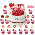 Strawberry theme birthday cake toppers and cupcake picks set with Happy Birthday banner - Strawberry Large and Small Cake Toppers Set