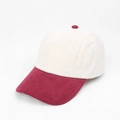Detail of corduroy baseball cap showing cream crown and wine red brim with texture - Adjustable / Cream/Wine Red