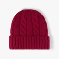 Thick jacquard cable knit beanie for women in elegant burgundy with fold-over cuff - Adjustable / Burgundy