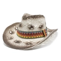 Ψάθινο καπέλο cowboy western με πολύχρωμη έθνικ κορδέλα και διάτρητες διακοσμητικές οπές - M (56-58cm) / Λευκό Καφέ