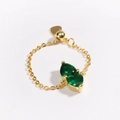 Adjustable gold chain ring featuring two heart-shaped green stones and sliding bead - Adjustable Pull-out / Green Zircon - Gold