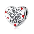 Polished S925 sterling silver heart charm with red hearts for DIY bracelets - 925 Silver / Wedding Heart Bead