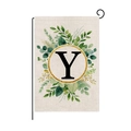 Outdoor burlap garden flag with greenery wreath and golden glitter letter Y design - Letter Y