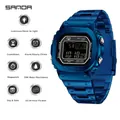 Men's square blue metallic digital sports watch with stainless steel strap and LED light - Blue Black (SANDA)