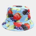 Detail of light blue bucket hat featuring realistic strawberry and blueberry print - Light Blue Base Fruit Print (23# Color)