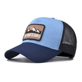Detail of multi-color trucker hat featuring mountain embroidery and breathable mesh back - Adjustable / Navy and Sky Blue Color Matching (Navy and Sky Blue Mountain)