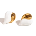 Minimalist two-tone 18K gold plated heart stud earrings with white enamel finish - Gold-White
