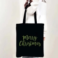 Minimalist black canvas tote bag with green Merry Christmas text for festive holidays - Style 17-Green Script Merry Christmas