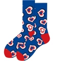 Detail of blue crew socks with red heart patterns and reinforced contrasting heels - Size 37-43 / Blue with Hearts