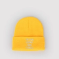 Detail of bright yellow knit beanie featuring I'M BOB DOING BOB THINGS white embroidery - One Size / Light Yellow