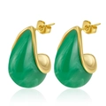 Elegant green water drop resin stud earrings featuring gold-toned stainless steel posts. - No.2 Green