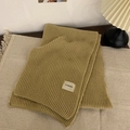 Moss green ribbed knit scarf with soft thick texture and woven logo label detail - Approx. 160cm / Khaki