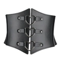 Close-up of three silver heart buckles and metal rivets on a black retro wide corset belt - Heart Buckle Style