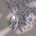 Stickers à ongles style porcelaine bleue avec motifs floraux et éventails - Style de Relief en Porcelaine Bleue et Blanche (CO-421)