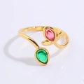 Golden titanium steel open ring with pink and green leaf-shaped gemstones - Gold Colorful Flower Bud Style (JZ28-1)