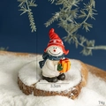 Miniature resin snowman figurine with red hat and gift box for Christmas decor 7cm - Resin Snowman with Gift Box Style