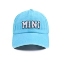 Close-up of light blue washed cotton baseball cap with white MINI embroidery detail - Kids MINI Style / Aqua