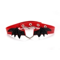 Detail showing red leather choker with black bat wings and silver heart metal ring - Black Wings Red PU Choker