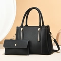 Conjunto de bolso y cartera de cuero negro con textura de lichi y herrajes dorados - Negro / 28*12*19