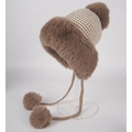 Winter plush trapper hat with pom-poms and cute antlers in beige and brown color - Chic Style Plush Hat / Khaki