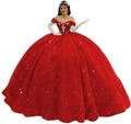 Elegant red off-shoulder ball gown with silver beaded embroidery and glitter finish - Red with Train