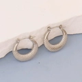 Silver stainless steel hoop earrings with textured grid patterns and polished finish - Silver Style K7-75