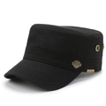 Classic black cotton cadet cap with side metal shield emblem and breathable mesh vents - Adjustable / Black