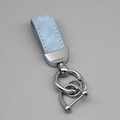 Blue suede leather car keychain with polished silver metal D-ring and horseshoe shackle - Short Style / Light Blue/Silver