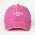 Detail of rose pink washed cotton baseball cap with white CALIFORNIA embroidery text - One Size / Rose Red