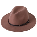 Classic caramel wool fedora hat with black leather band and metal buckle on white background - M (56-58cm) / Khaki