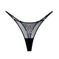 Black mesh thong with purple butterfly embroidery and adjustable side straps - Black With Pink Butterfly