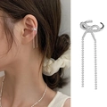 Silver bow ear cuff with long tassel chain, non-pierced design for elegant women - Single Butterfly Tassel Ear Cuff