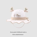 Cappello da pescatore bianco per neonati con corna di renna beige e toppa con coniglio - Coniglio Cuore Cachi (TJZY166)