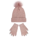 Detailansicht von rosa Chenille-Strickmütze mit Pompon und Touchscreen-Handschuhen - Altrosa