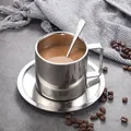 Gepolijste 304 roestvrijstalen dubbelwandige koffiekopset met schotel en lange lepel - 280ml Europese Stijl Dubbelwandige Set (Met Lepel/Schotel)