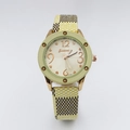 Close-up of vintage quartz watch with green case and stylish plaid fabric strap - Yellow Leather Strap