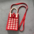 Red knitted panda bag with cream houndstooth pattern and long shoulder strap - Houndstooth Red