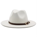 Classic white wide brim wool fedora hat with brown braided leather band and gold buckle - M (56-58cm) / 08 White