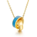 Chic gold chain necklace with interlocking double rings featuring blue turquoise texture - Gold Double Ring Blue Texture Necklace(KN25607-K)