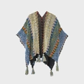 Poncho étnico de punto con rayas en zigzag de colores y borlas decorativas de viaje - Verde azulado
