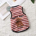 Flat lay of a red and white striped pet vest with cute teddy bear print and black piping - Red Stripes