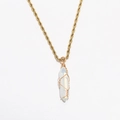 Macro view of crystal prism pendant with gold wire wrapping on bohemian rope chain - Opalite Color
