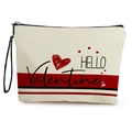 Borsa cosmetica in tela beige con cuori rossi e manici neri vista dall'alto piatta - Lino Fine con Fettuccia / Stampa HELLO Valentine