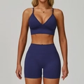 Ensemble de yoga côtelé sans couture bleu foncé avec brassière en V et short taille haute - S / Haut Et Bas / Bleu marine