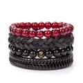 Set of four vintage multilayer leather and beaded bracelets in black and red tones - L9-Red Black Beaded Combination Set