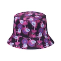 Detail of double-sided bucket hat featuring psychedelic mushroom and geometric patterns - Psychedelic Eye Mushroom Print (E)