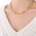 Minimalist 18K gold plated stainless steel hollow oval link chain necklace worn on model - Necklace (P1160)